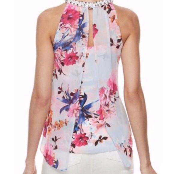 Jennifer Lopez JLo Misses Embellished Keyhole Split Back Floral Tank Top L - Picture 2 of 13